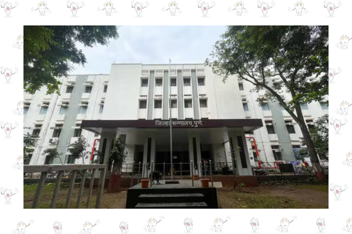 Front view of District Hospital Pune building surrounded by trees – Image Courtesy Hindustan Times